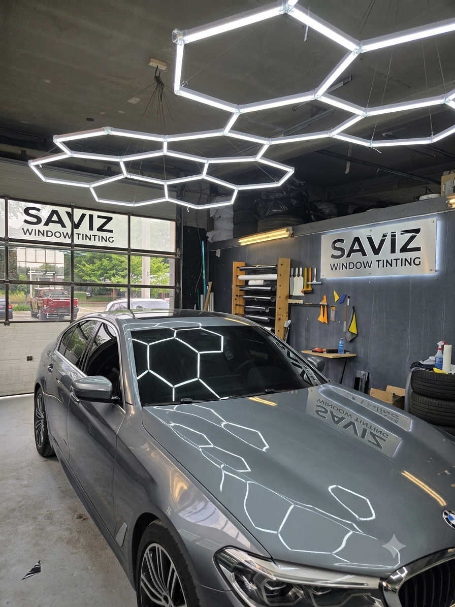 Saviz Window Tinting workshop interior with a grey BMW